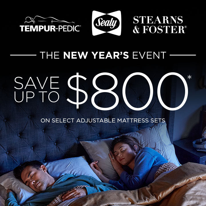 Advertisement for Tempur-Pedic, Sealy, and Stearns & Foster mattress sets with a couple in bed.